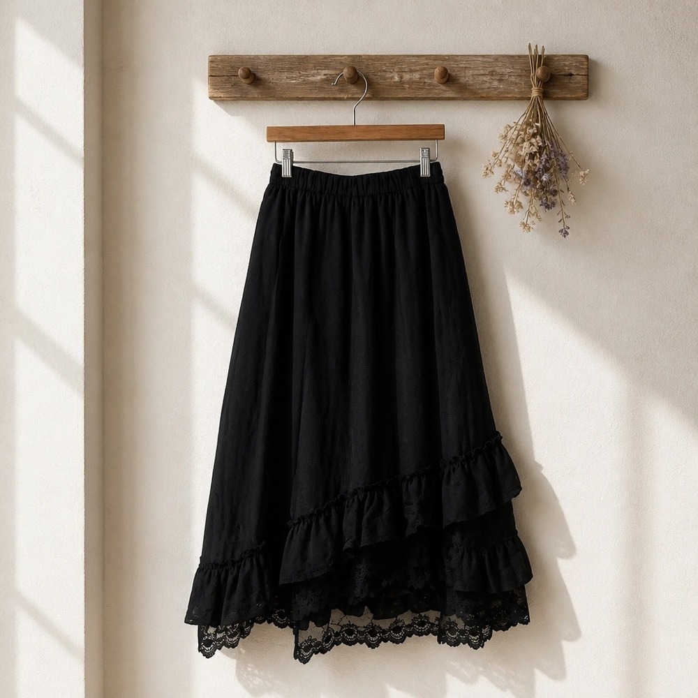 Layer Black Ruffle Lace Trim Midi Skirt Elastic Waist Tiered  Boho Medium